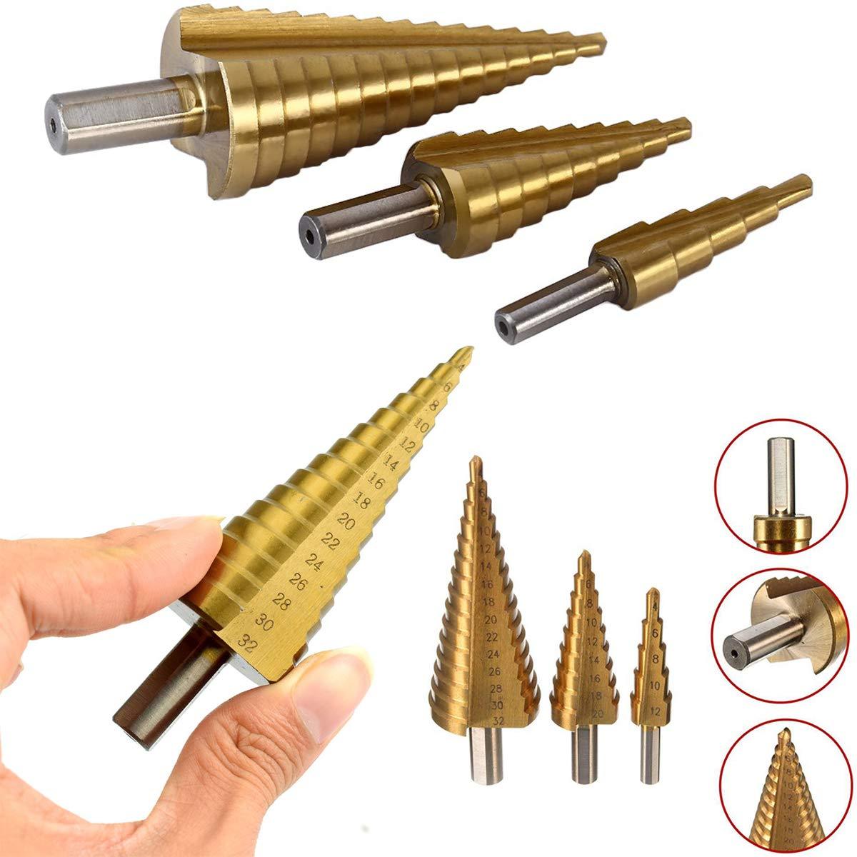 0437 -3X Large HSS Steel Step Cone Drill Titanium Bit Set Hole Cutter (4-32, 4-20, 4-12mm) DeoDap 0437 -3X Large HSS Steel Step Cone Drill Titanium Bit Set Hole Cutter (4-32, 4-20, 4-12mm) DeoDap